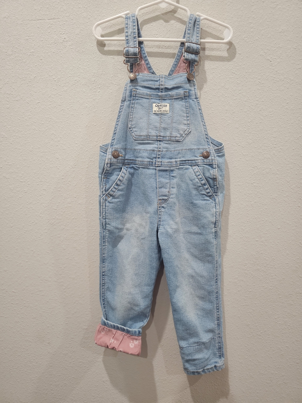 OshKosh B'gosh Light Blue Denim Overalls with Pink Cuff Lining